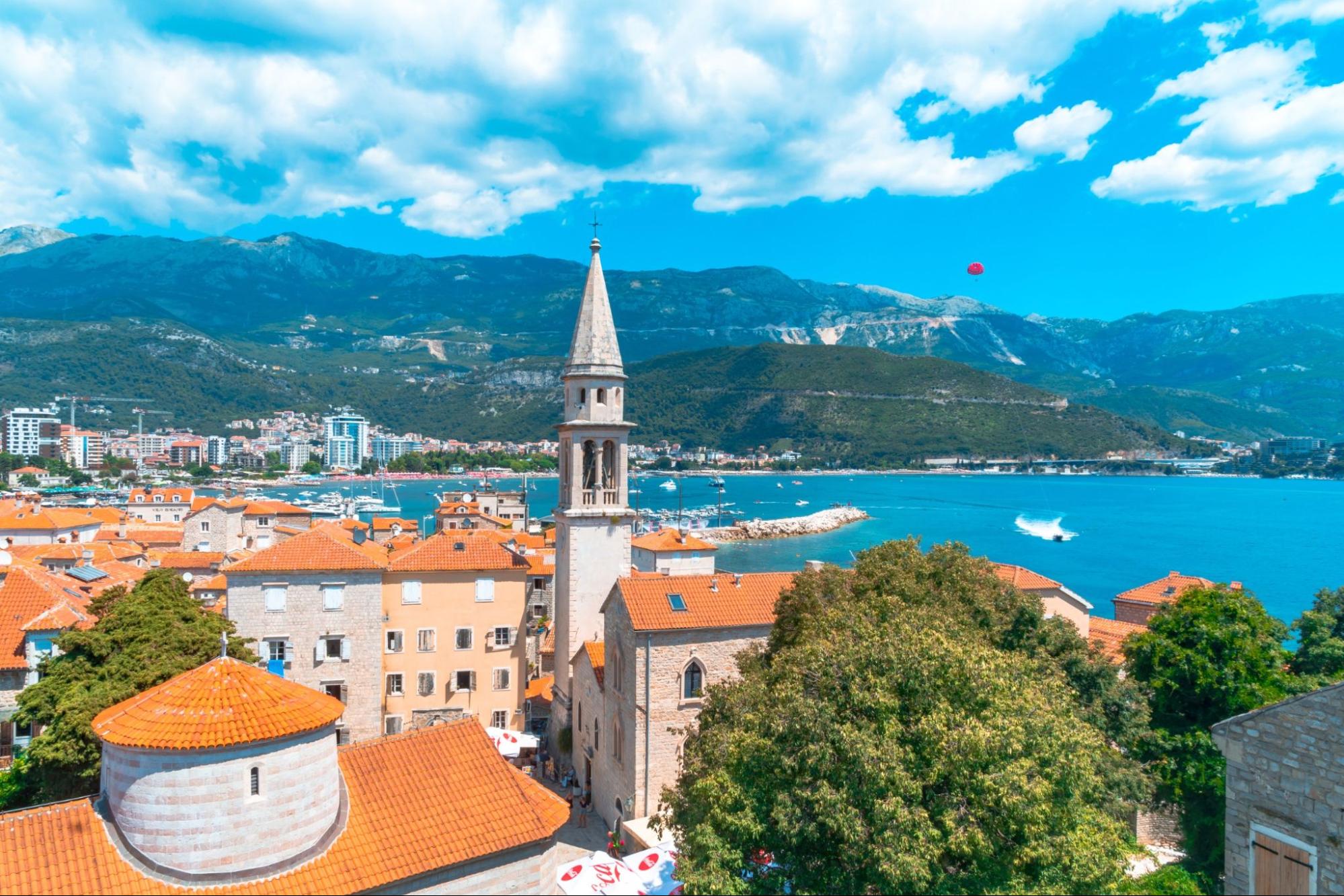 Montenegro on from citadel ancient walls near Balkan mountains and Adriatic Sea on summer day