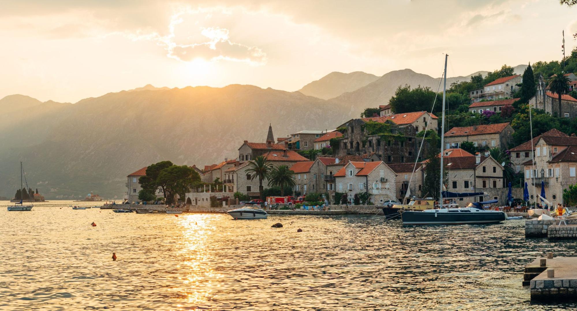The old fishing town of Perast on the shore of Kotor Bay in Montenegro