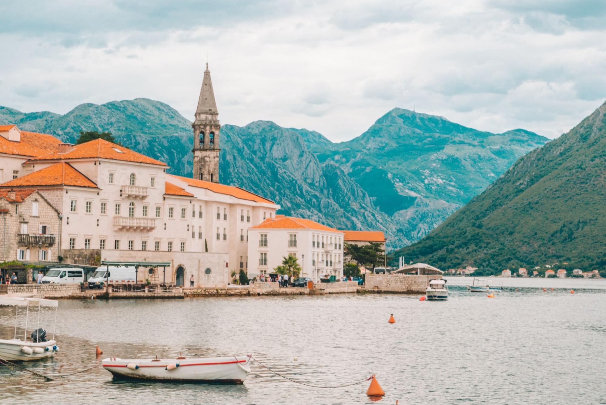 beautiful view of Perast town in Montenegro. overcast weather