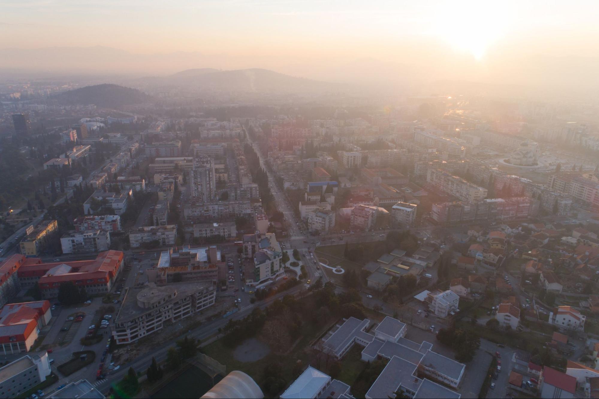 aerial view of Podgorica during sunset, Montenegro